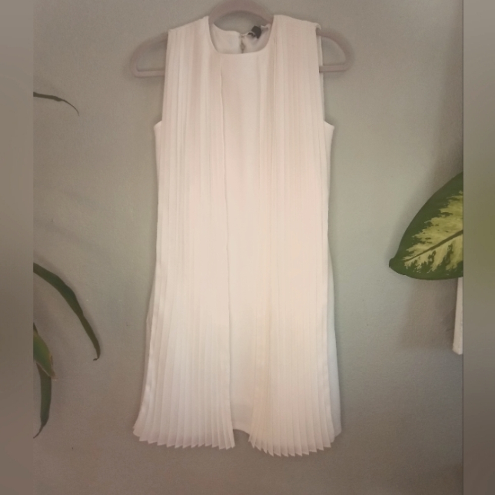 Gracia Flowy Sheath Dress With Pleated Sheer White Draped Knotted Overlay - Picture 2 of 13